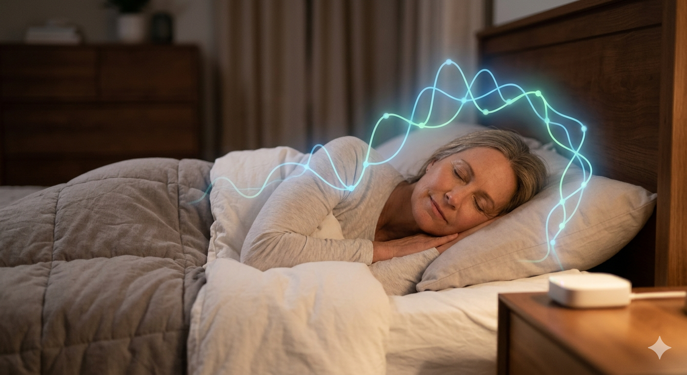 Person sleeping deeply with calm brainwave graphic overlay