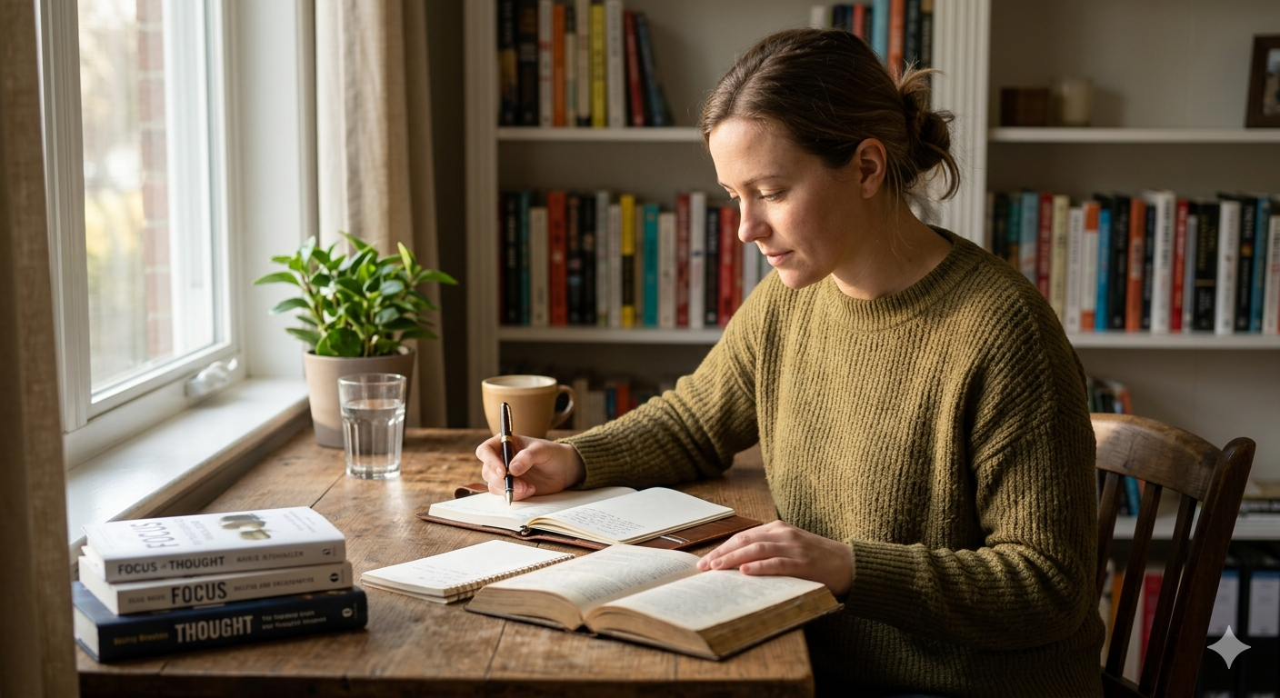 Person journaling, reading, and doing deep work in a focused study environment